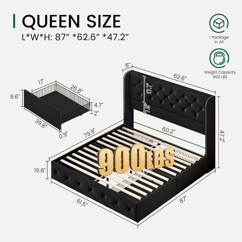 LARMACE Queen Size Bed Frame with 4 Storage Drawers and 47.2' Tall Wingback Headboard Upholstered Platform Beds Velvet Tufted Bed Frame with Wooden Slats Support, Easy Assembly, Black
