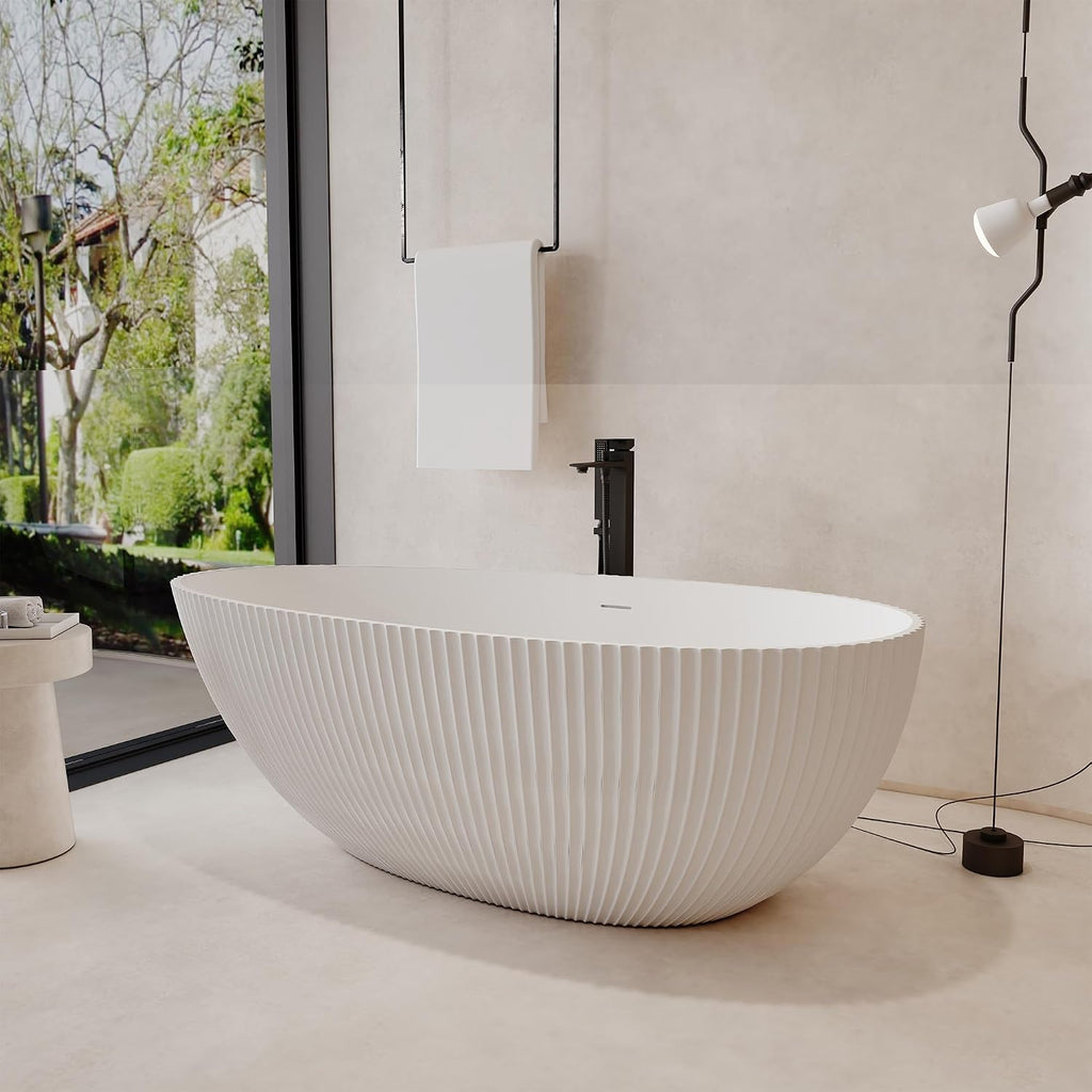 67 Inch Egg-Shape Solid Surface Free Standing Tub Matte White Stone Resin Soaking Tub Featuring 14.37 Inches Soaking Depth, 78 Gallons Water Capacity