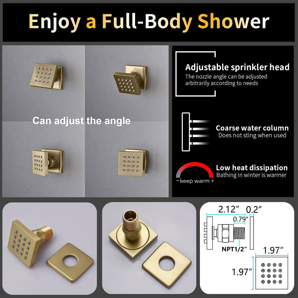AYIVG Brushed Gold 16 x 26 Inch Full Body Thermostatic Rainfall Shower System 64 Color LED Rainfall Luxury Shower Head System with 6 Spray Jets Ceiling Mount Rain Temperature Display Shower Faucet Set