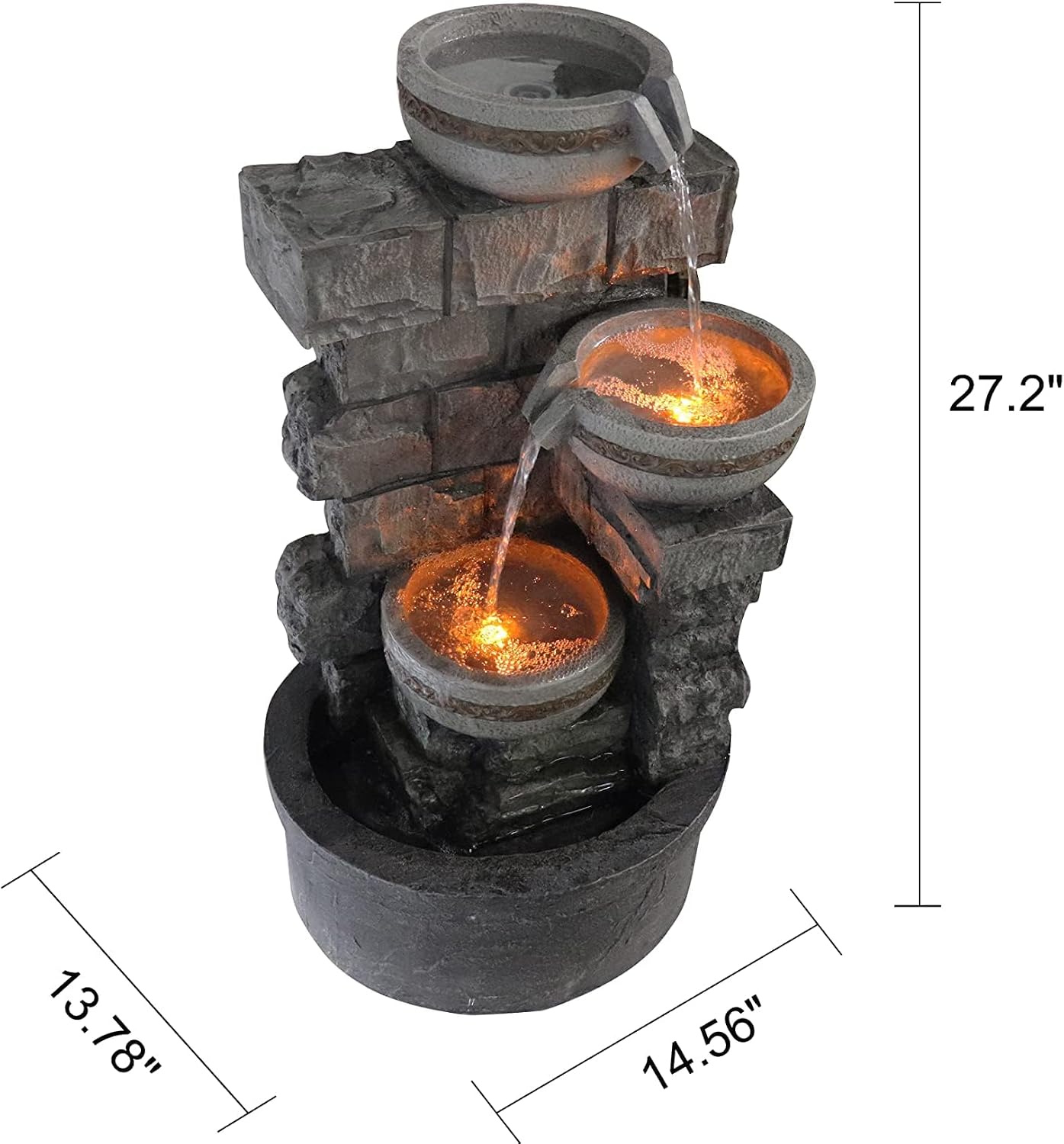 Water Fountian Outdoor - 3 Tiered Bowls Floor Stacked Stone Pump Waterfall Fountain,Good Rest Stop for Bird,Provide Flowing Water Feature for Outside Garden,Backyard,Lawn,27 Inch Tall