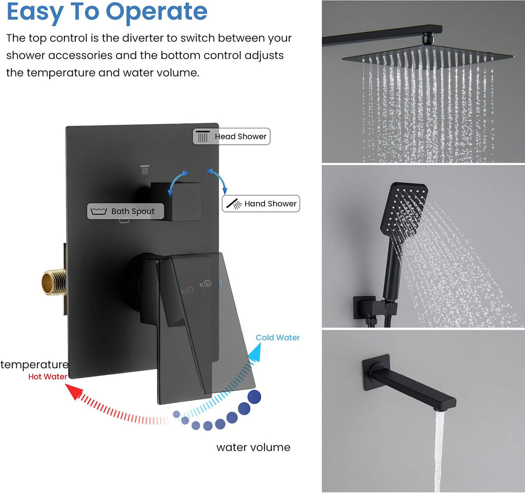 KIBI Cube 3-Function Matte Black Wall Mounted Bathroom Shower System | Solid Brass Pressure Balanced Valve Bath Faucet Set | 15-inch Shower Arm | Handheld Waterfall Shower Mode (KSF406MB)