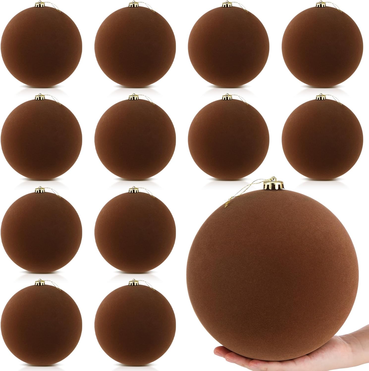 Hollowfly 12 Pcs 8 Inch Extra Large Velvet Christmas Balls Oversized Huge Big Christmas Tree Ornaments Balls for Family Holiday Xmas Tree Hanging (Brown)