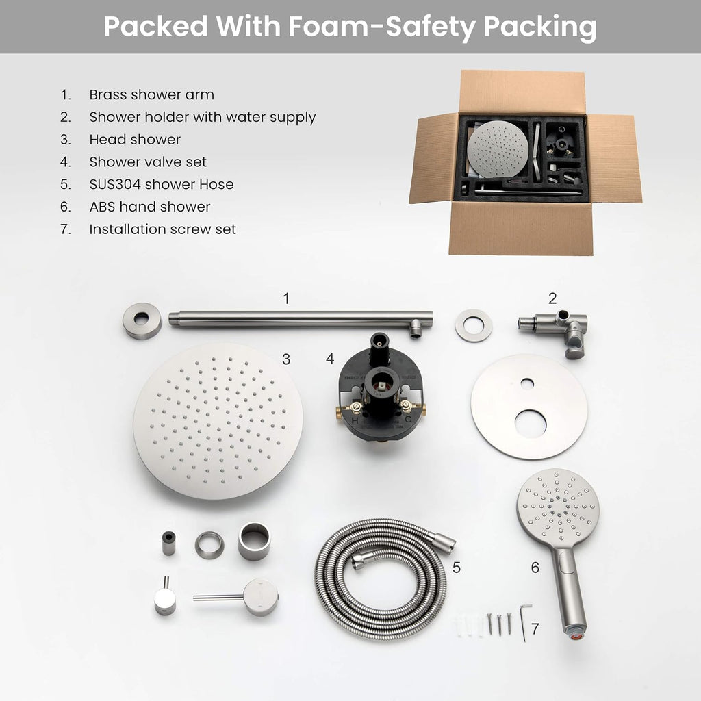KIBI Circular Bathroom Shower System | 2-Function Wall Mounted Shower Faucet Set | Solid Brass Pressure Balanced Valve Construction | Durable and Leak-Free | Brushed Nickel Finish, KSF403