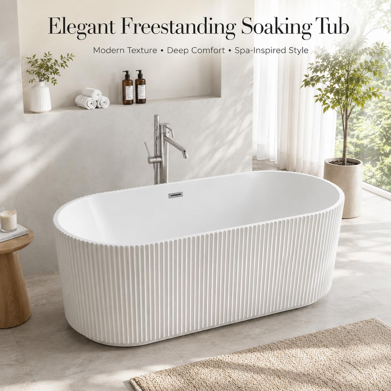 59' Acrylic Freestanding Soaking Bathtub, Deep Ergonomic Design with Lumbar Support, Integrated Overflow Drain, Non-Slip Base,cUPC Certified Modern Bathroom Tub, Easy Installation for Bathroom