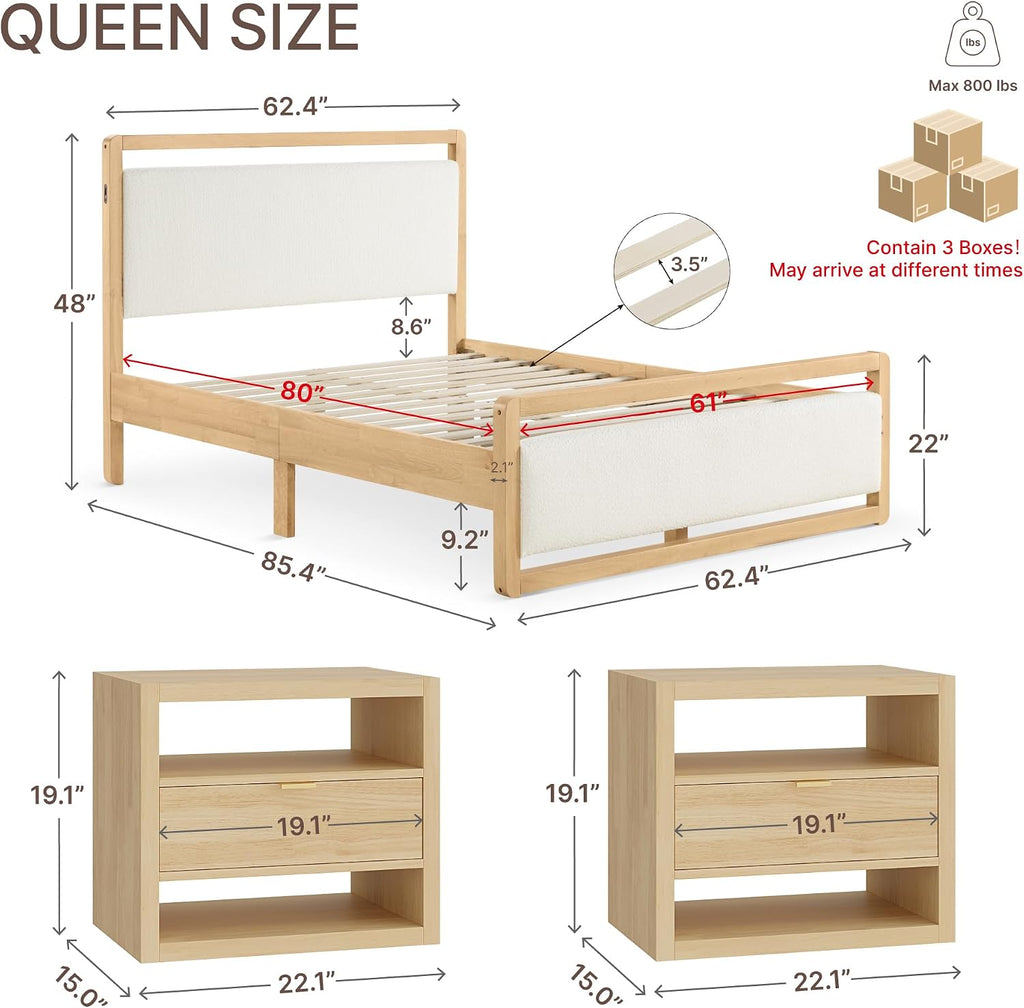 KISLOT 3 Pieces Bedroom Set, Wood Bed Frame with Upholstered Headboard & 2 Nightstands with Storage, Wooden Platform Mattress Foundation Farmhouse Bedroom Furniture Set