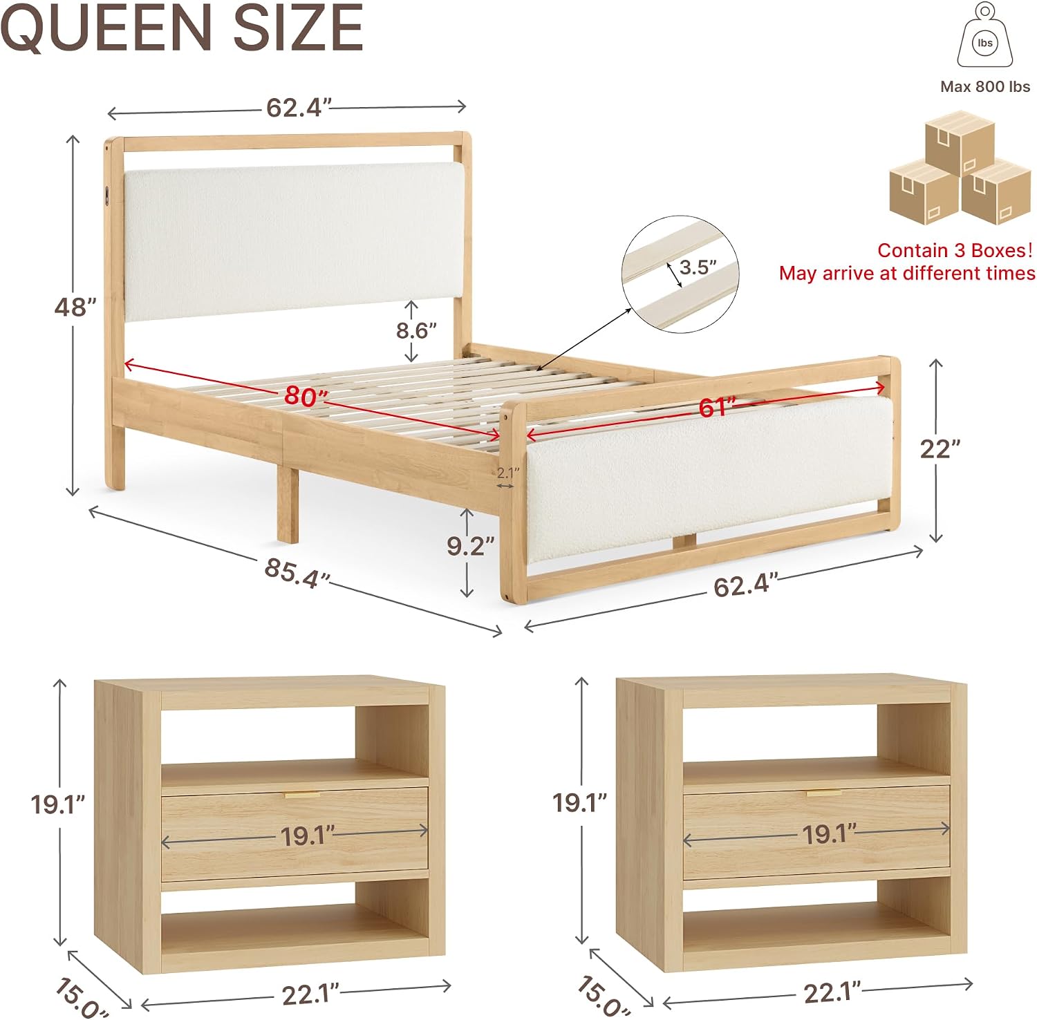 KISLOT 3 Pieces Bedroom Set, Wood Bed Frame with Upholstered Headboard & 2 Nightstands with Storage, Wooden Platform Mattress Foundation Farmhouse Bedroom Furniture Set
