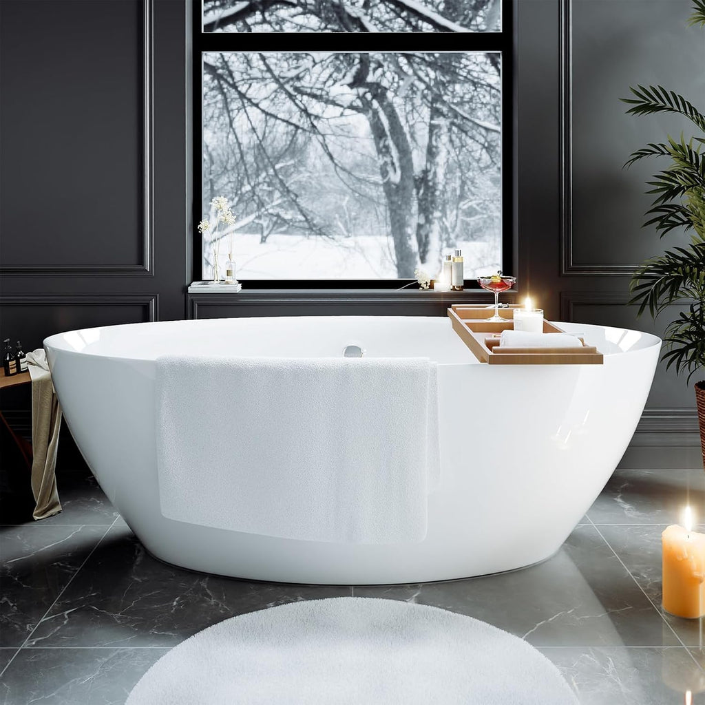 Empava Freestanding Bathtub, 71' Soaking Tub with Center Drain & Overflow – Acrylic Tub, Non-Slip Flat Bottom, Glossy White, cUPC Certified