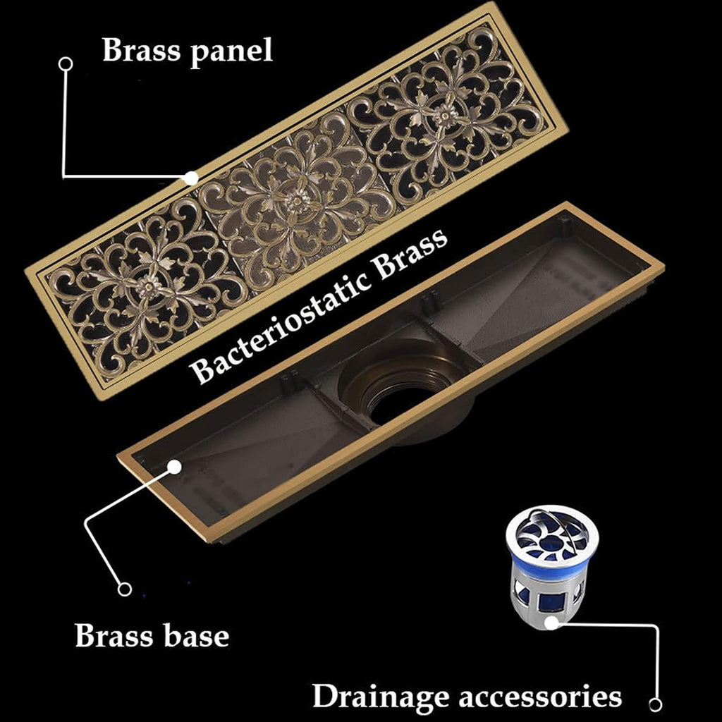 Linear Shower Drain with Hair Strainer, Brass Rectangle Shower Floor Drain with Removable Cover, Floor Drainer for Kitchen Washroom Garage and Basement, 11Inch (White)
