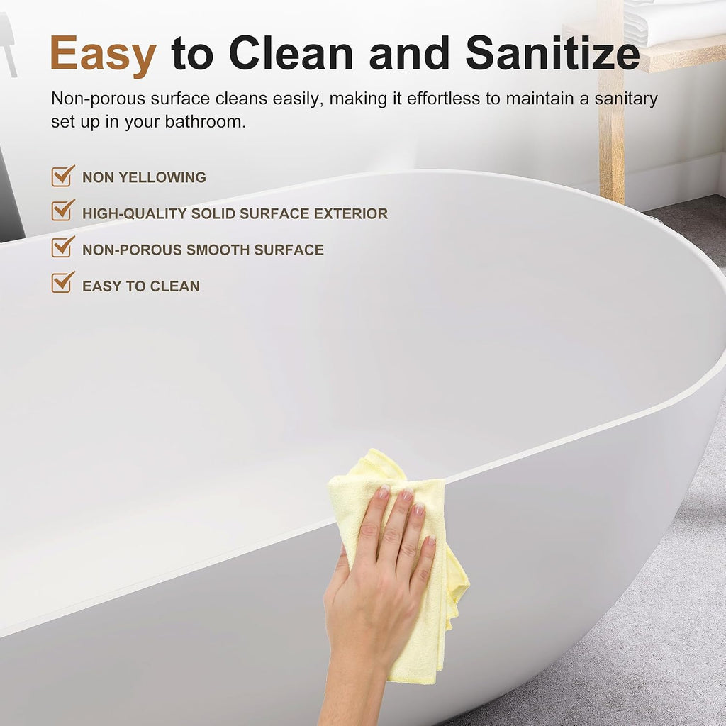 SJ STAR&JANE 51' Solid Surface Freestanding Bathtub, Matte White Oval Soaking Stone Resin Tub with Overflow and Pop-up Drain for Modern Bathrooms