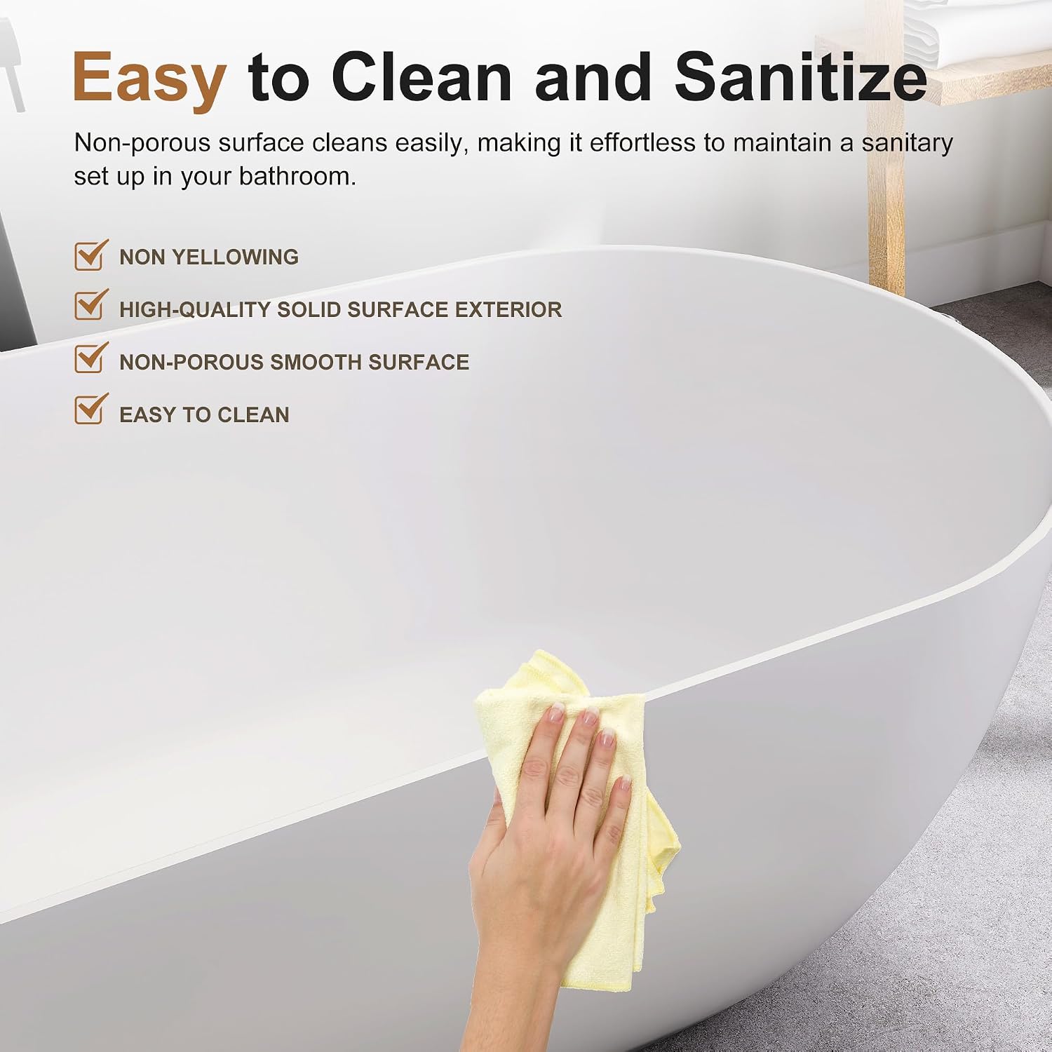 SJ STAR&JANE 51' Solid Surface Freestanding Bathtub, Matte White Oval Soaking Stone Resin Tub with Overflow and Pop-up Drain for Modern Bathrooms