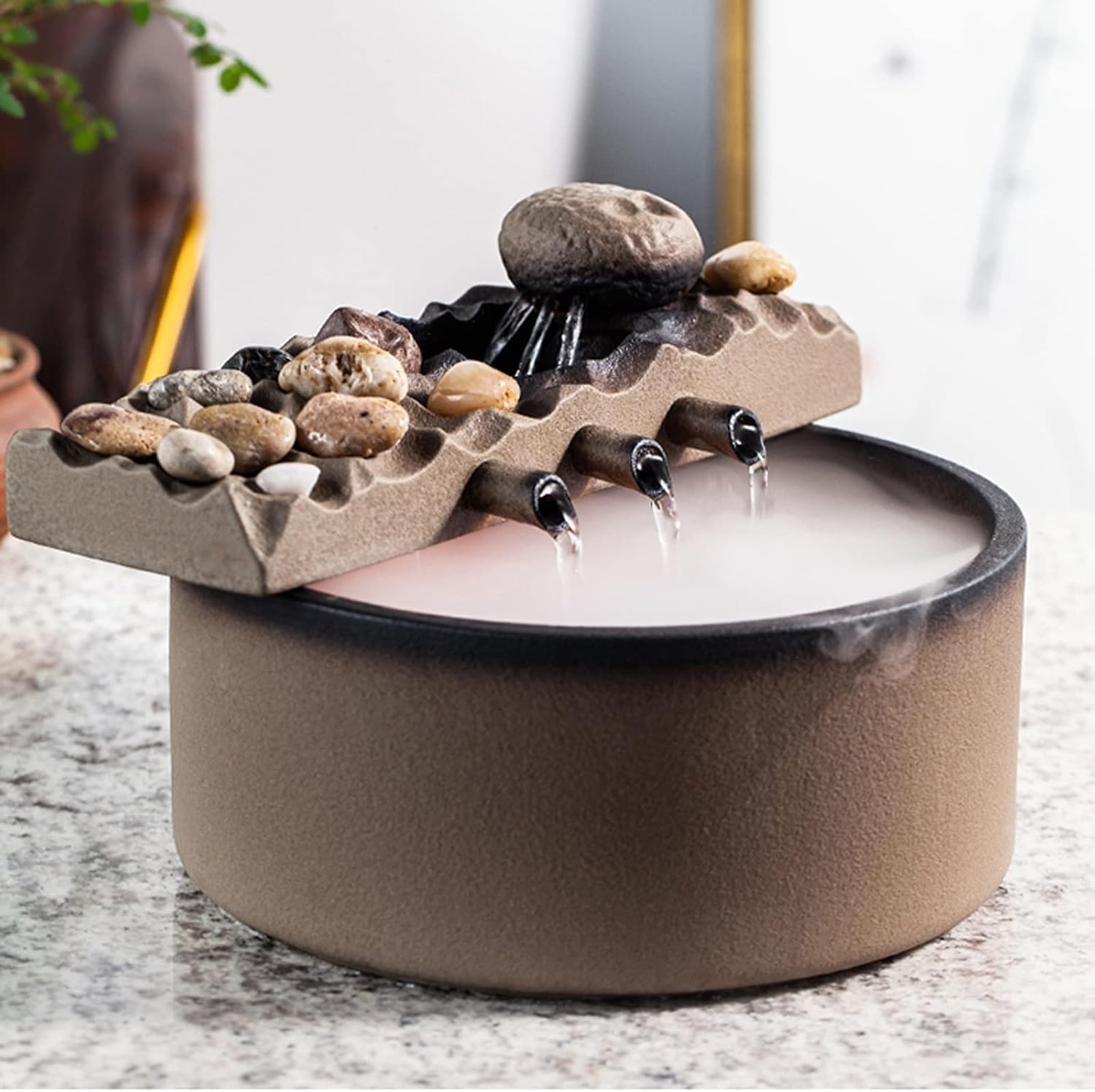 HIHELO Tabletop Fountain Tabletop Fountain Waterfall Fountain Office Ceramic Tabletop Fountain Home Office Decor Includes Water Mist Machine and Pump Indoor Fountain