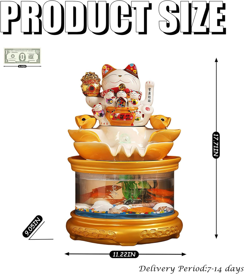 Fish Tank with Maneki Neko, Money Lucky Cat, Tabletop Water Fountain Indoor, Feng Shui Decor & Gifts for Home, Feng Shui Statue, Chinese New Year Decoration, Chinese Decor & Gifts (A)