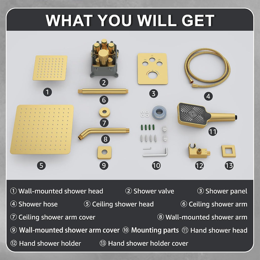 Iriber Thermostatic Shower System with Adjustable Water Flow Push Button Diverter, Square Dual Shower Heads Faucet Set with Handheld Spray, Brushed Gold Shower Mixer Valve Trim Kit (Valve Included)