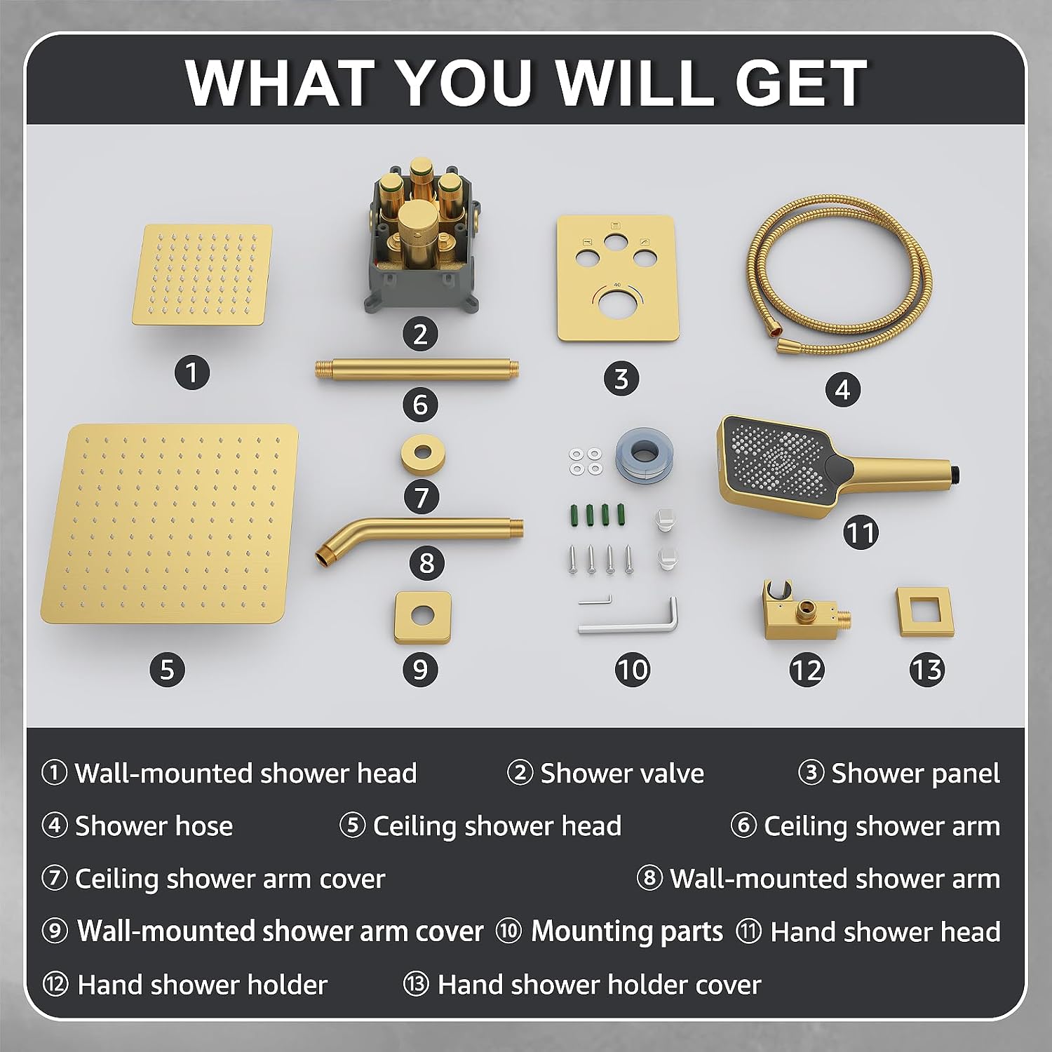 Iriber Thermostatic Shower System with Adjustable Water Flow Push Button Diverter, Square Dual Shower Heads Faucet Set with Handheld Spray, Brushed Gold Shower Mixer Valve Trim Kit (Valve Included)
