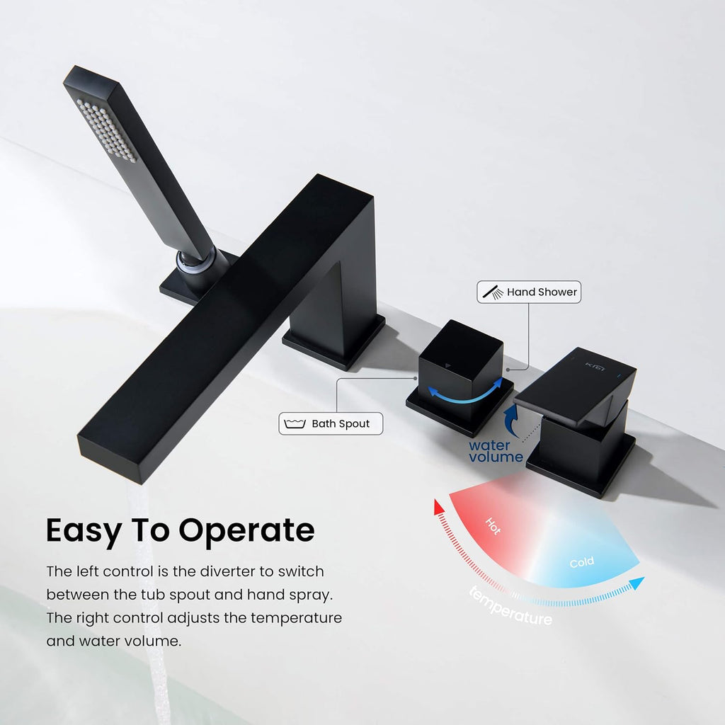 KIBI Cube Roman Single Handle Tub Faucet with Hand Shower | Deck Mount Bathtub Filler Set in Matte Black | Solid Brass Body Bathtub Faucet with Easy Diverter, Pull-Out Spray & 60' Hose (KTF3102MB)