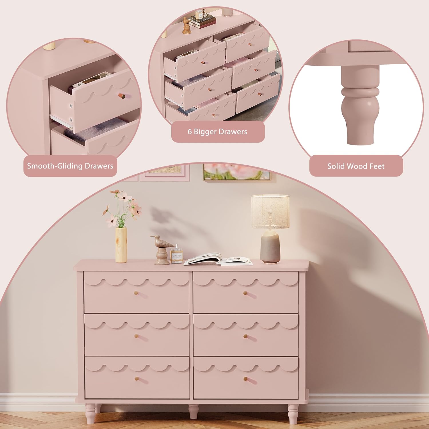 Anbuy Bedroom Sets Scalloped 6 Drawer Dresser and Night Stand Sets for Bedroom, Two Drawers Nightstand & 6 Drawer Dresser Combo 2 Pieces (Pink)