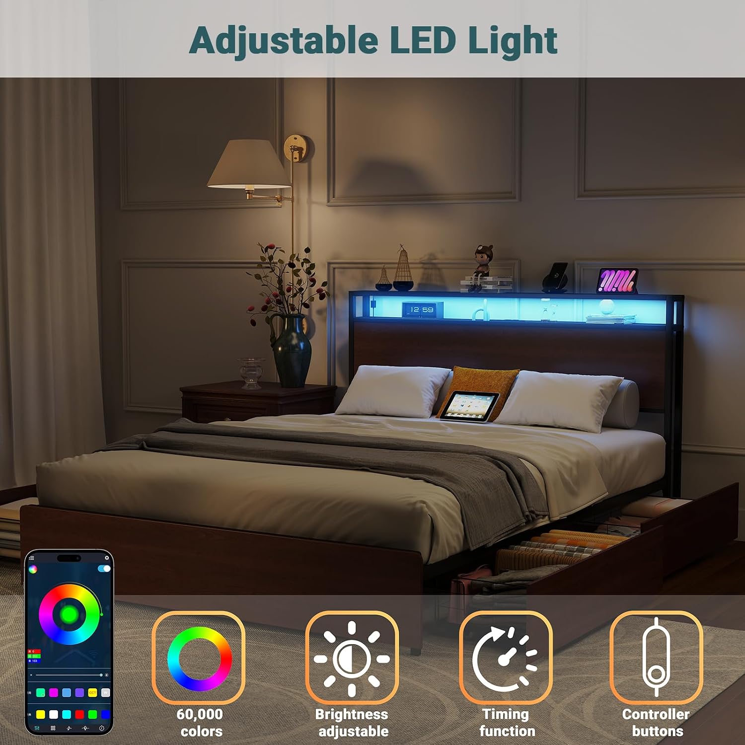 Zevemomo Full Size Bed Frame with 4 Storage Drawers, Full Platform Bed Frames with 2 Tier Storage Headboard, Charging Station, Adjustable LED Light, Noise-Free, No Box Spring Required, Reddish Brown
