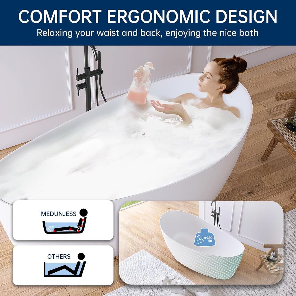 65' Free Standing Tub Bathtub Resin Stone, Solid Surface Freestanding Bathtub, Contemporary Soaking Tub Bathtubs with Overflow and Pop up Drain, Matte White