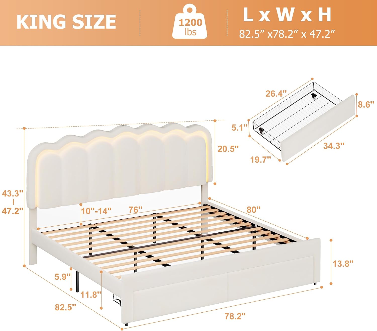 King Upholstered LED Bed Frame with 2 Storage Drawers and Adjustable Chic Double Wavy Headboard, Velvet Princess Platform Bed with Charing Station, Solid Wood Slats Support, No Box Spring Needed,Beige