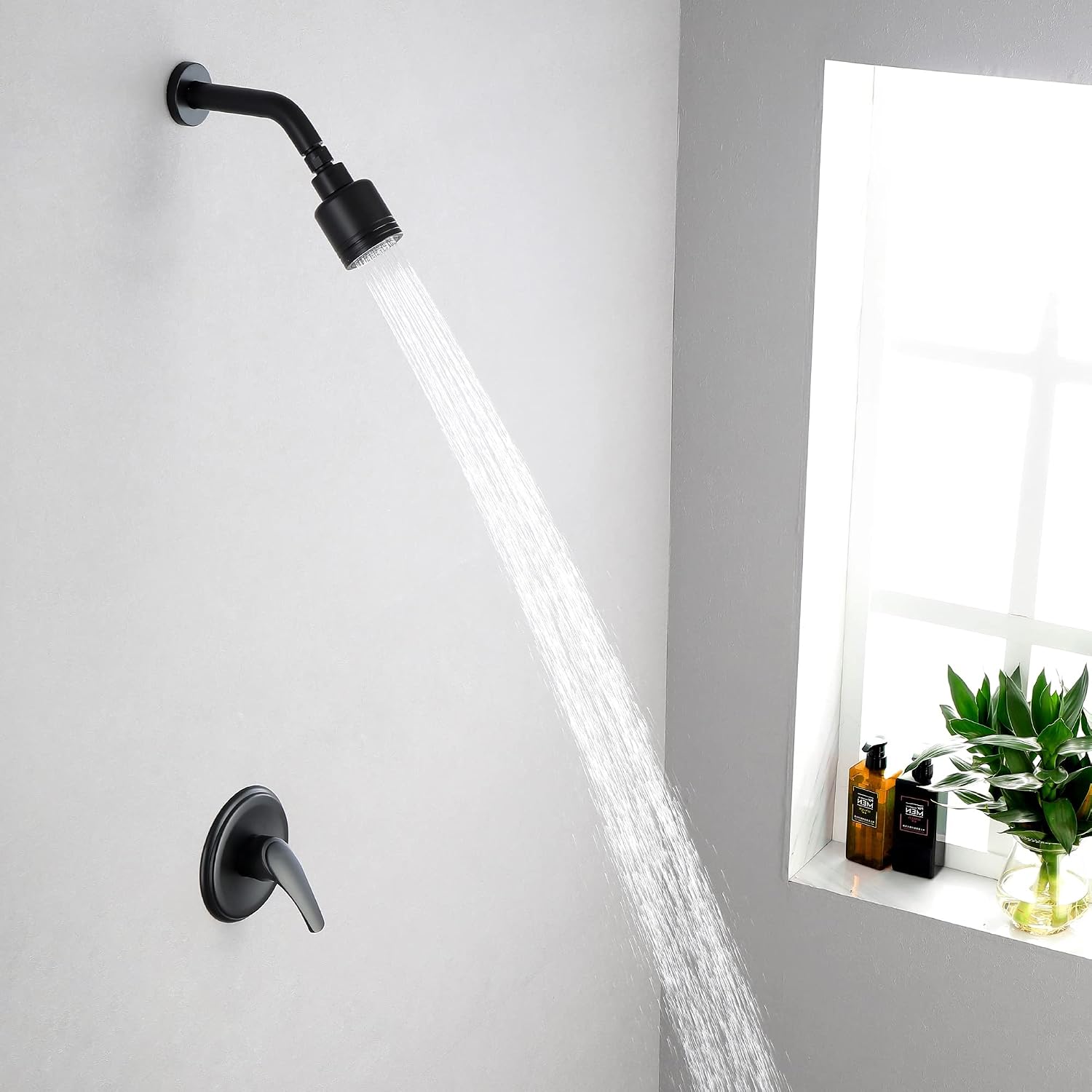 Wall Mounted Shower Faucet Set, Shower Fixtures Shower Mixer, Single Function Shower Trim Kit Pressure Balancing Shower System with Single Spray Detachable Clean Shower Head,Black