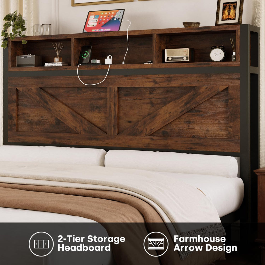 Incyneva Farmhouse Full Bed Frame with Bookcase Storage Headboard, Charging Station, LED Light and 2 Storage Drawers, Noise Free, No Box Spring Needed, Brown