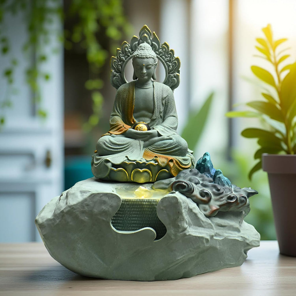 Zen Buddha Tabletop Fountain with LED Lights & Crystal Accents – Indoor Meditation Waterfall Feature with Cascading Water for Home, Office, Living Room or Bedroom – Free 10 Free Crystals (Style 6)