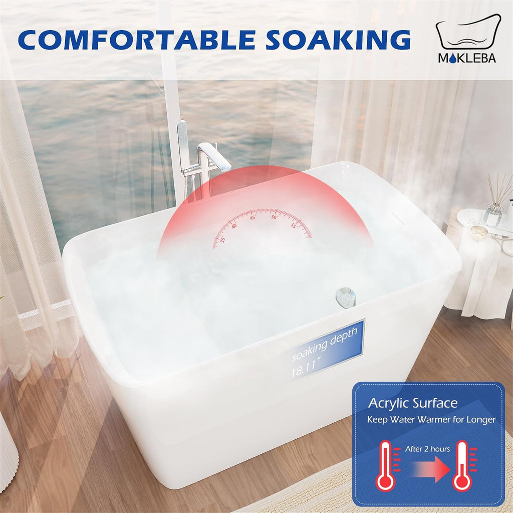47' Lucite Acrylic Freestanding Bathtub，Square Shape Japanese Soaking Tub with Seat Desgin,Toe-tap Chrome Right Drain, Slotted Overflow, cUPC Certified,Glossy White