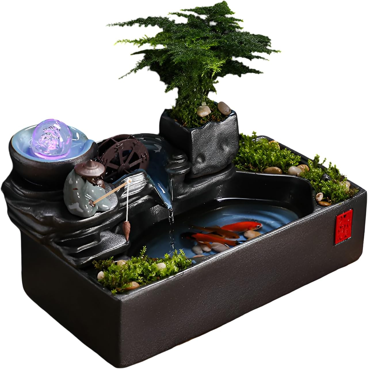 Zen Tabletop Fountain with LED Lights & Mist Maker - Indoor Waterfall Decor with Crystal Stones for Home, Office, Meditation Room - Relaxing Desktop Humidifier Gift (C Style)(C Style+Misting)