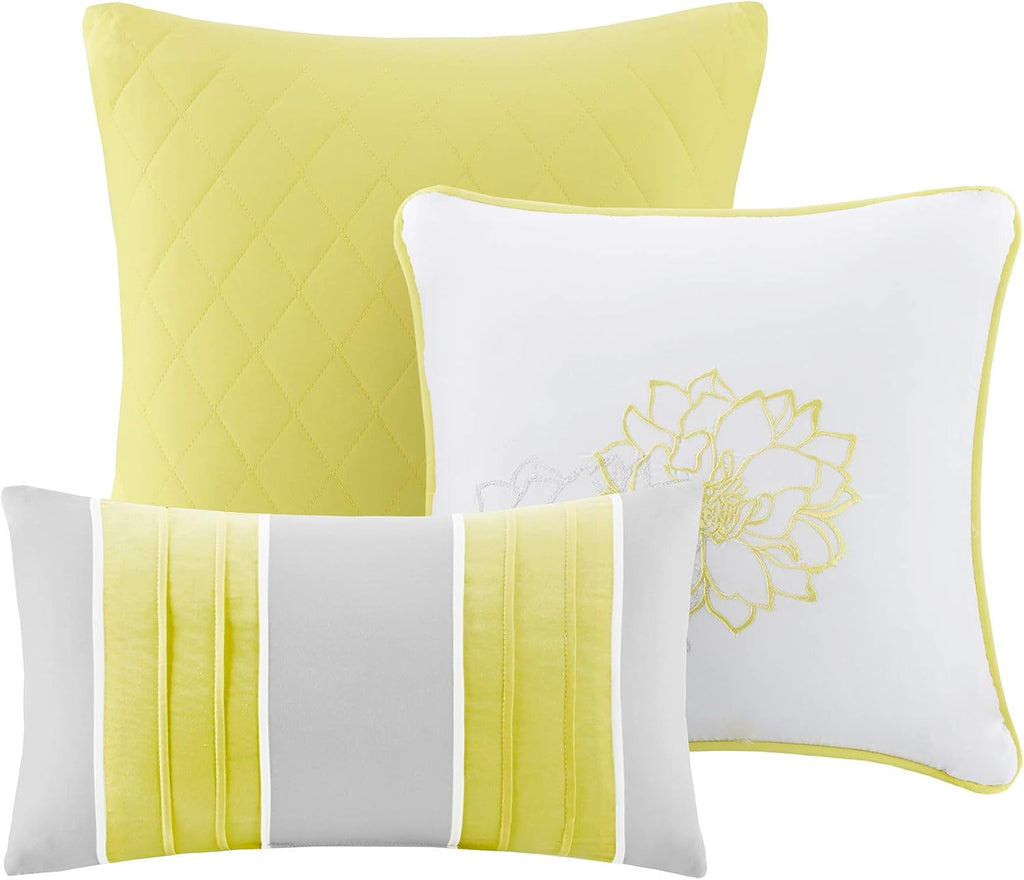 Madison Park Lola Sateen Cotton Comforter Set-Casual Medallion Floral Design All Season Down Alternative Bedding, Shams, Bedskirt, Decorative Pillows, King, Grey/Yellow 7 Piece