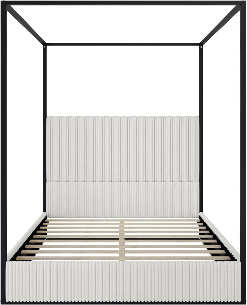 LUMISOL Queen Size Upholstered Canopy Bed, Metal 4 Poster Platform Bed with Tall Corduroy Headboard, Canopy Bed Frame with Wood Slats Support, No Box Spring Needed, Black + White