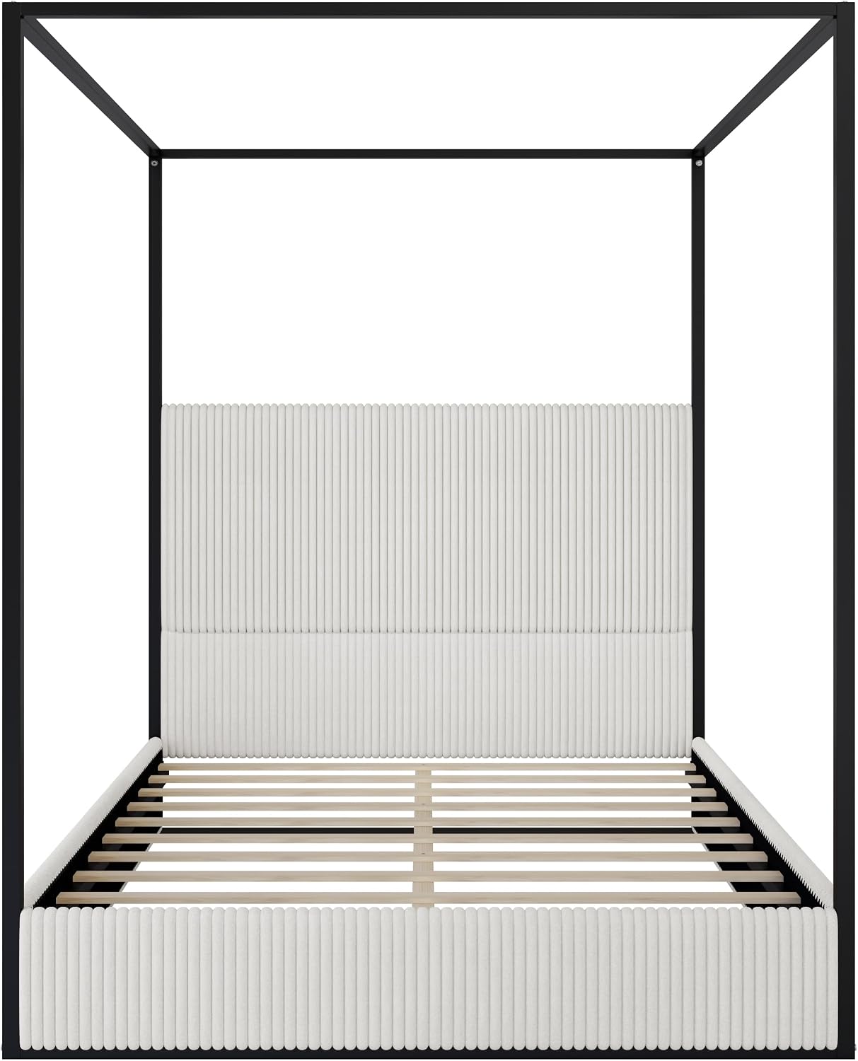 LUMISOL Queen Size Upholstered Canopy Bed, Metal 4 Poster Platform Bed with Tall Corduroy Headboard, Canopy Bed Frame with Wood Slats Support, No Box Spring Needed, Black + White