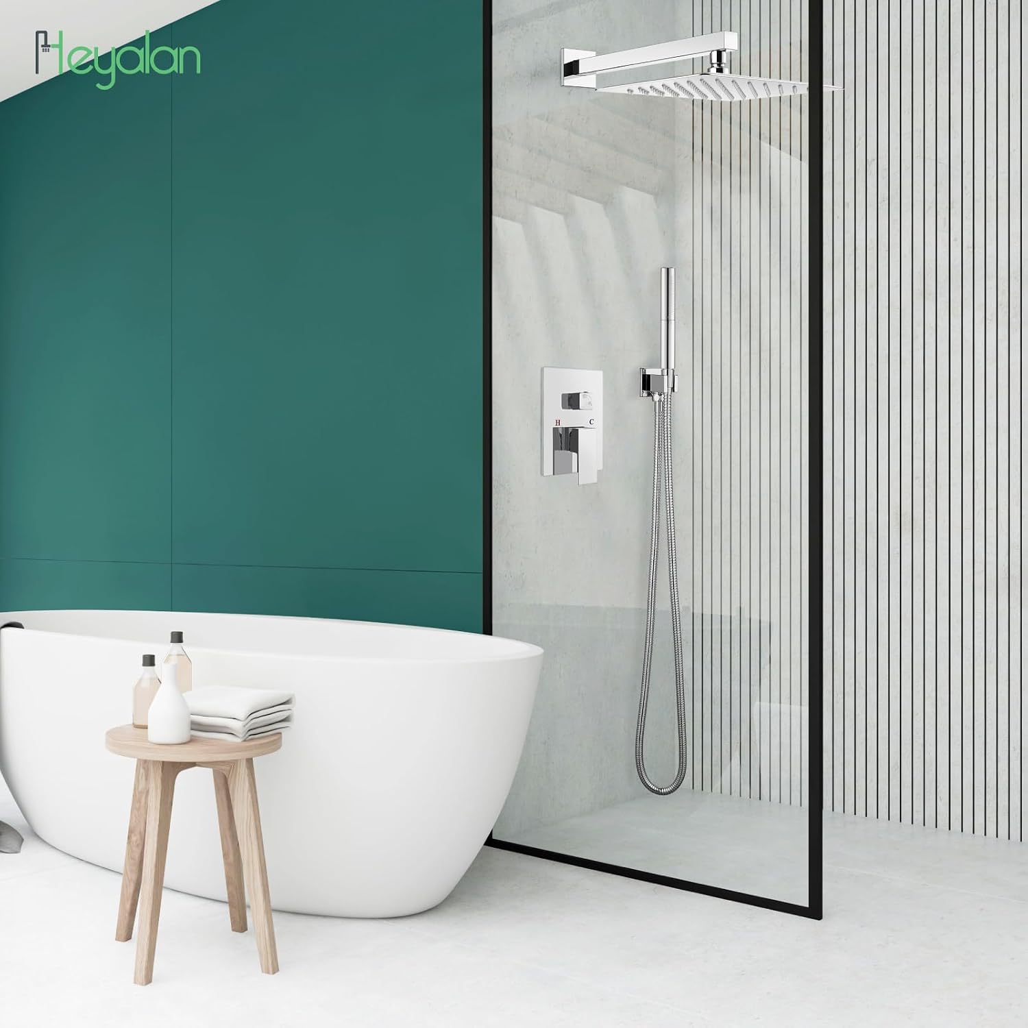 Heyalan Shower System Square Rain Shower System Head Shower Faucet Fixture 2 in 1 Handheld Shower Sprayer Rough in Valve Wall Mount Bathroom Rainfall Combo Set High Pressure,12 Inch,Polished Chrome
