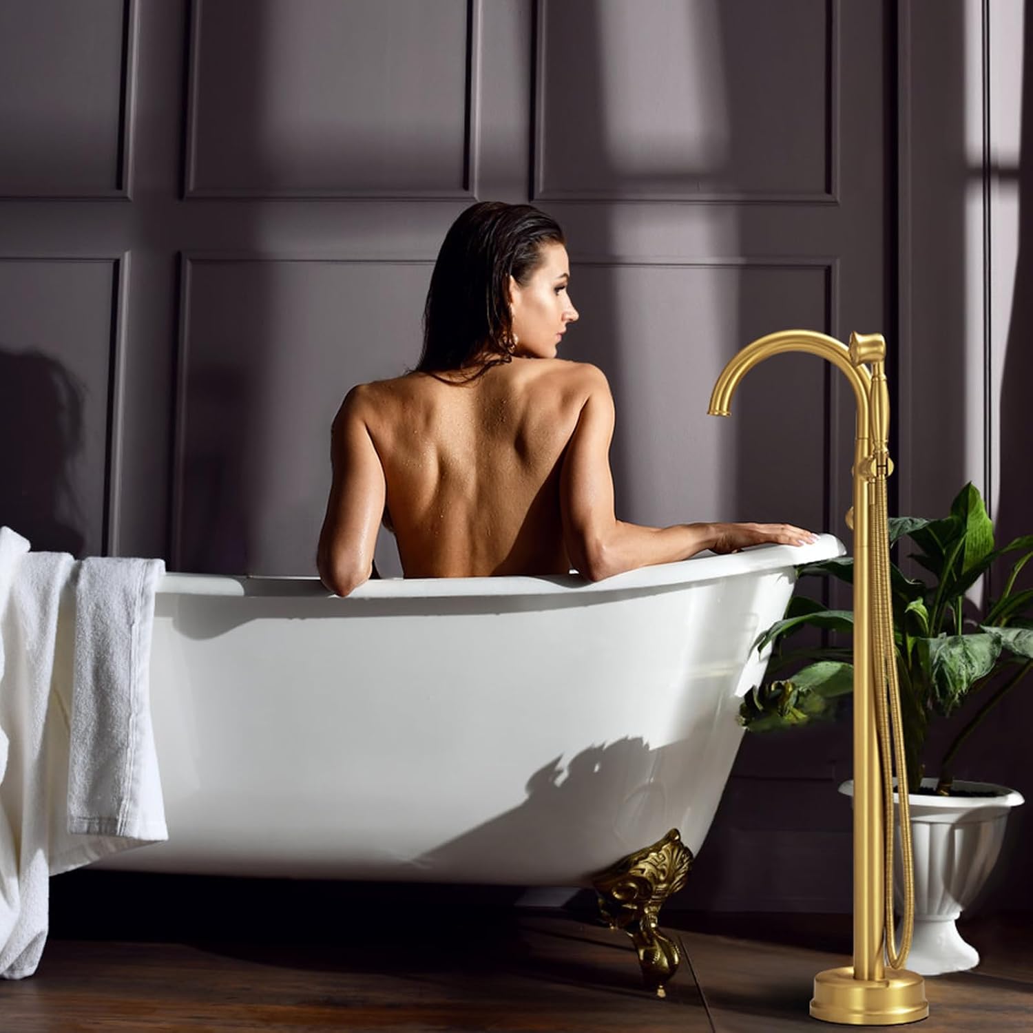 Free Standing Tub Faucet, Wintap Brass Antique Freestanding Bathtub Filler with Handheld Sprayer Max 6.6GPM/60PSI Classic Brushed Gold WT-9811BG