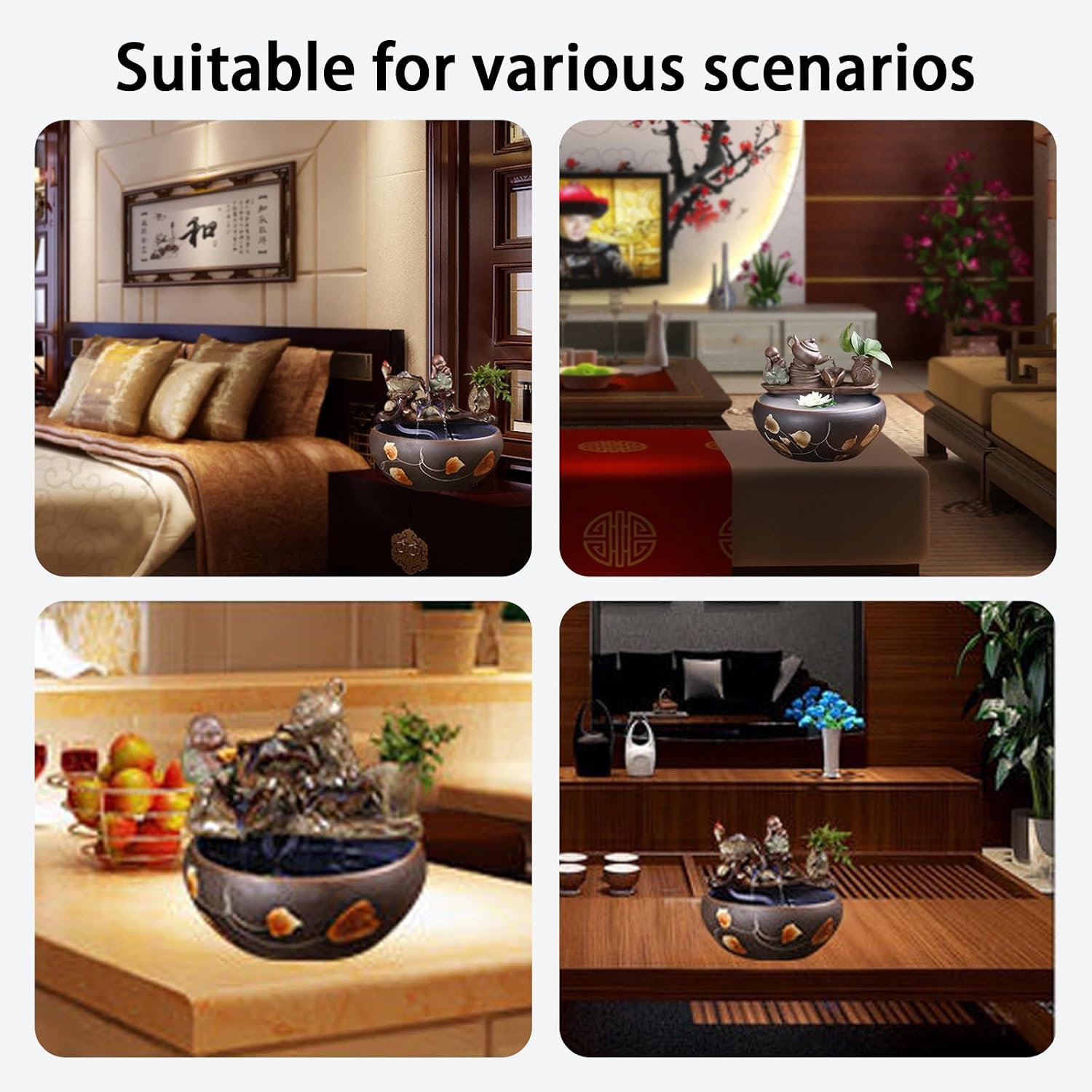 Tabletop Water Fountain, Mist Humidifier, Chinese Ceramic Desk Decor, Porcelain Indoor Feature for Living Room Office(D)