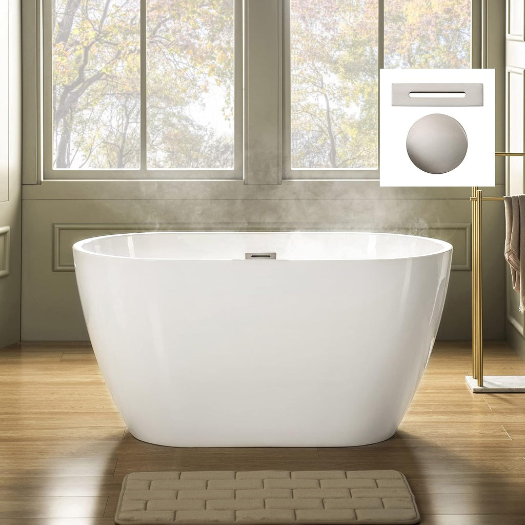 WOODBRIDGE 48' Acrylic Freestanding Bathtub Contemporary Soaking Tub, White Acrylic(Brushed Nickel Drain/Overflow),BTA1703-B/N-Drain&O