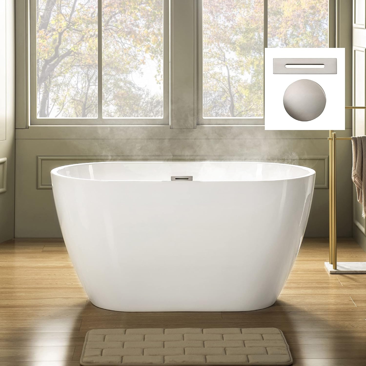 WOODBRIDGE 48' Acrylic Freestanding Bathtub Contemporary Soaking Tub, White Acrylic(Brushed Nickel Drain/Overflow),BTA1703-B/N-Drain&O