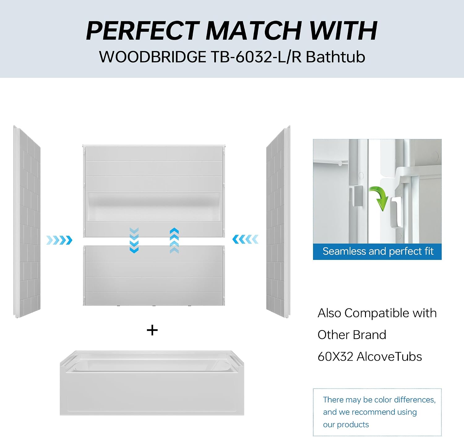 WOODBRIDGE 60' x 32' 4-Piece Direct-to-Stud Alcove Tub Surround, 1-3/4 inch (44mm) Thick, with Right-Drain Hole Soaking Bathtub Combo in White