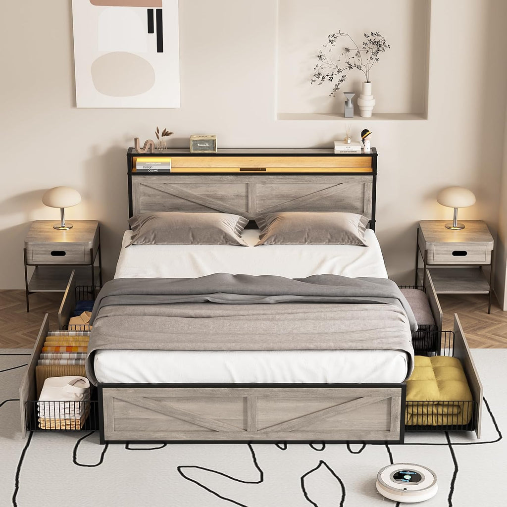 Halitaa LED Queen Size Bed Frame with Charging Station & 4 Drawers, Platform Metal Bed with Headboard USB Ports Outlets, Farmhouse Bed Frame with LED Lights, Noise Free, Wash Grey (Queen)