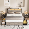 Halitaa LED Queen Size Bed Frame with Charging Station & 4 Drawers, Platform Metal Bed with Headboard USB Ports Outlets, Farmhouse Bed Frame with LED Lights, Noise Free, Wash Grey (Queen)