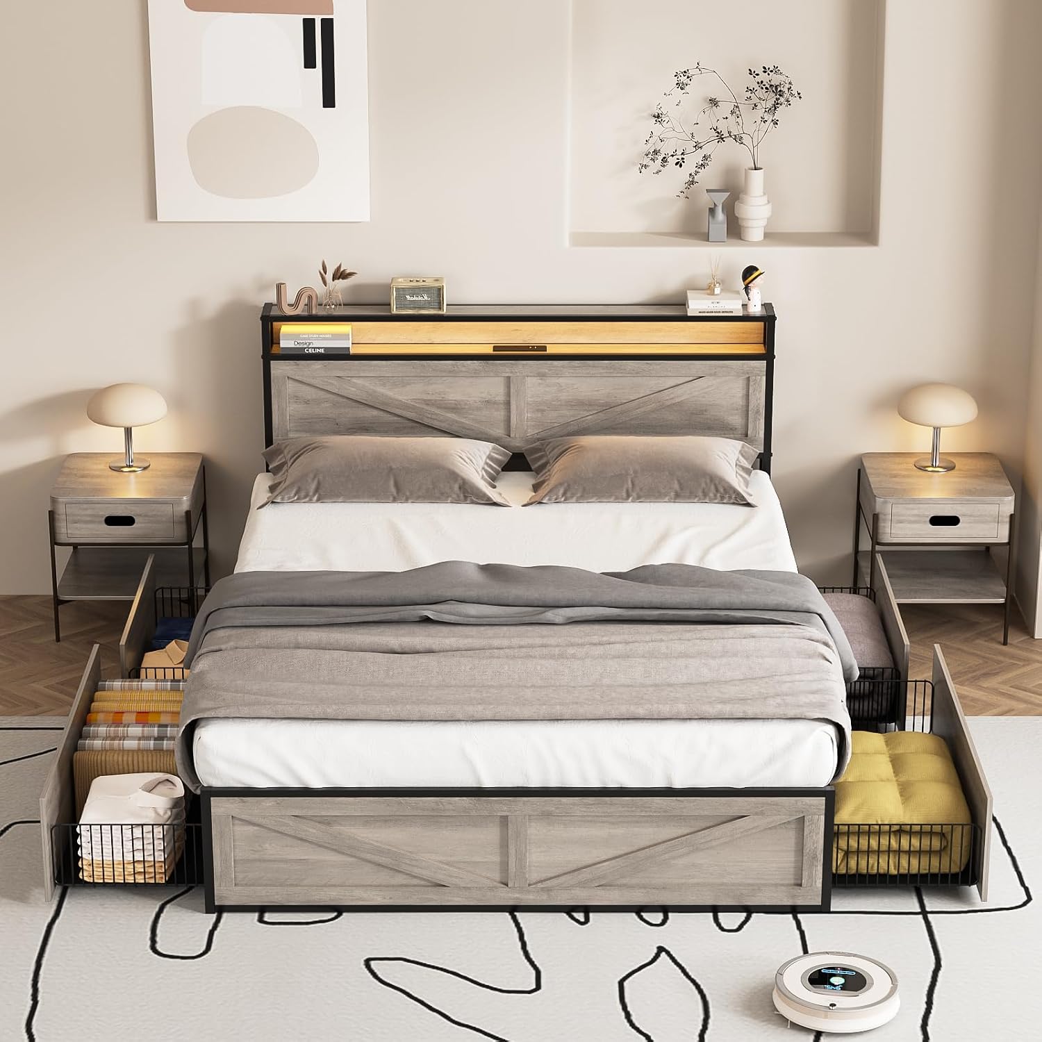 Halitaa LED Queen Size Bed Frame with Charging Station & 4 Drawers, Platform Metal Bed with Headboard USB Ports Outlets, Farmhouse Bed Frame with LED Lights, Noise Free, Wash Grey (Queen)