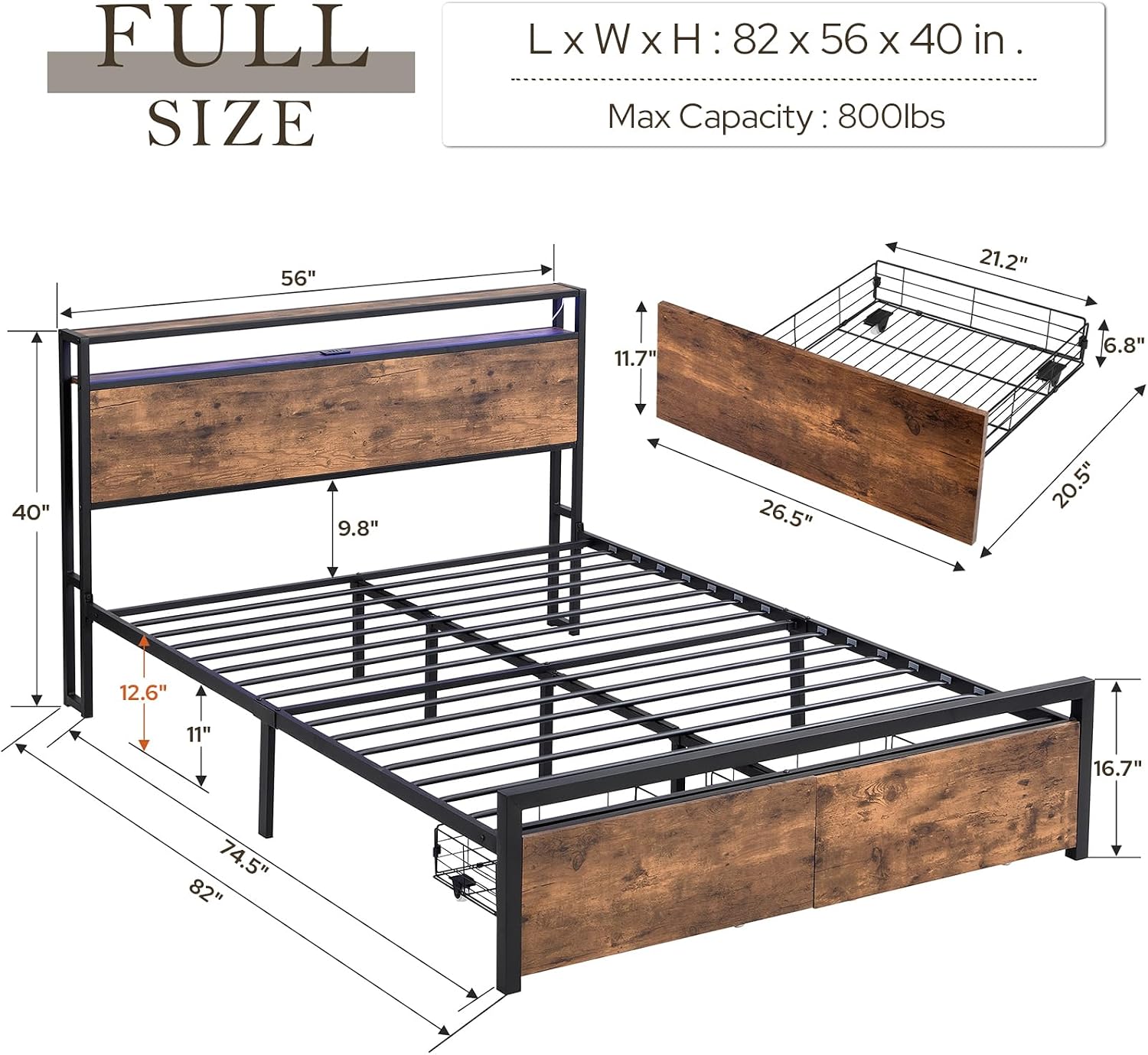 Zevemomo Full Bed Frame with Drawers, Bed Frame Full with LED Lights, Charging Station with 3 USB Ports & 1 Type-C Port, Full Platform Bed Frame with Headboard, No Noise, Rustic Brown