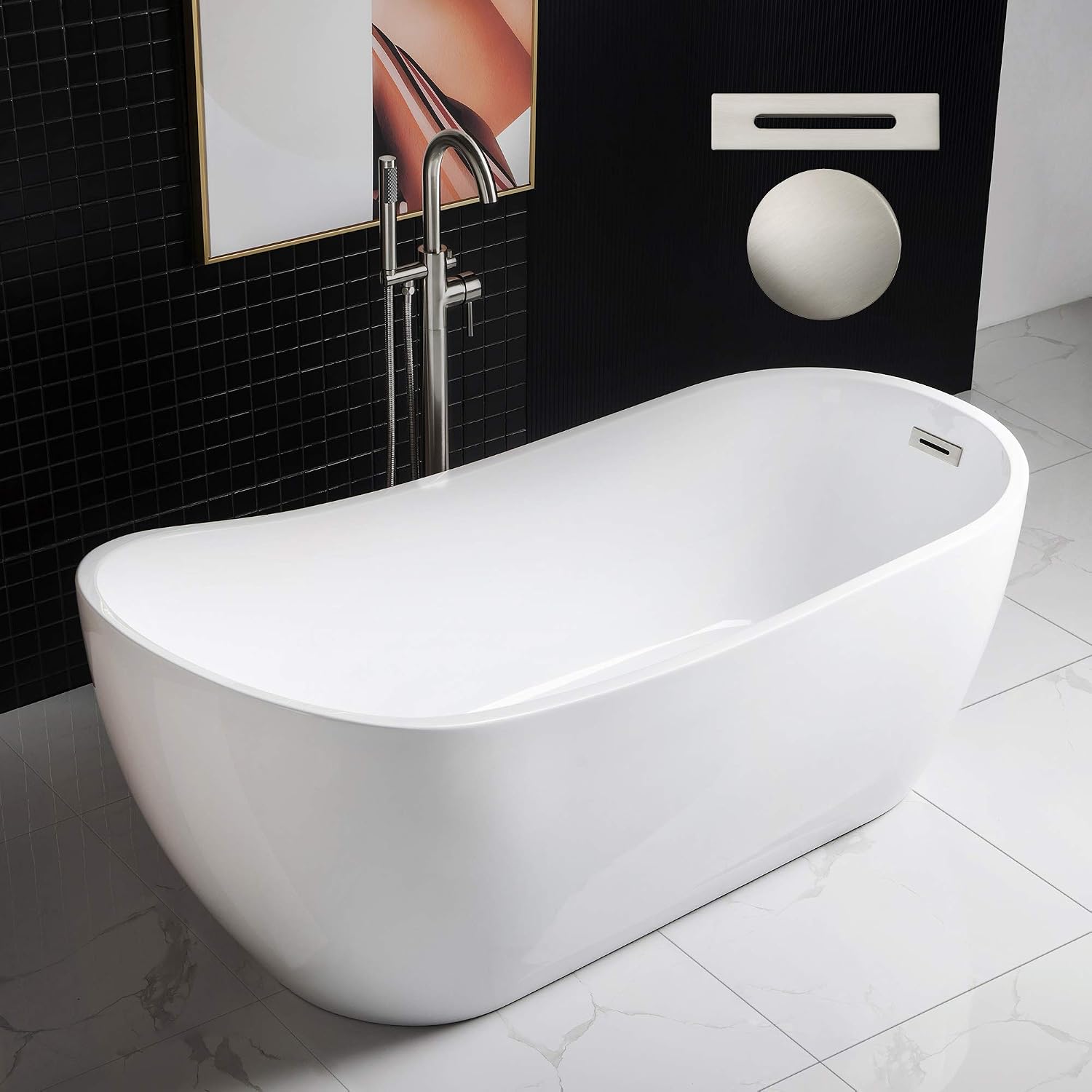 WOODBRIDGE 67' Acrylic Freestanding Bathtub Contemporary Soaking Tub, White Acrylic (Brushed Nickel Drain/Overflow),B-0001 -B/N-Drain &O