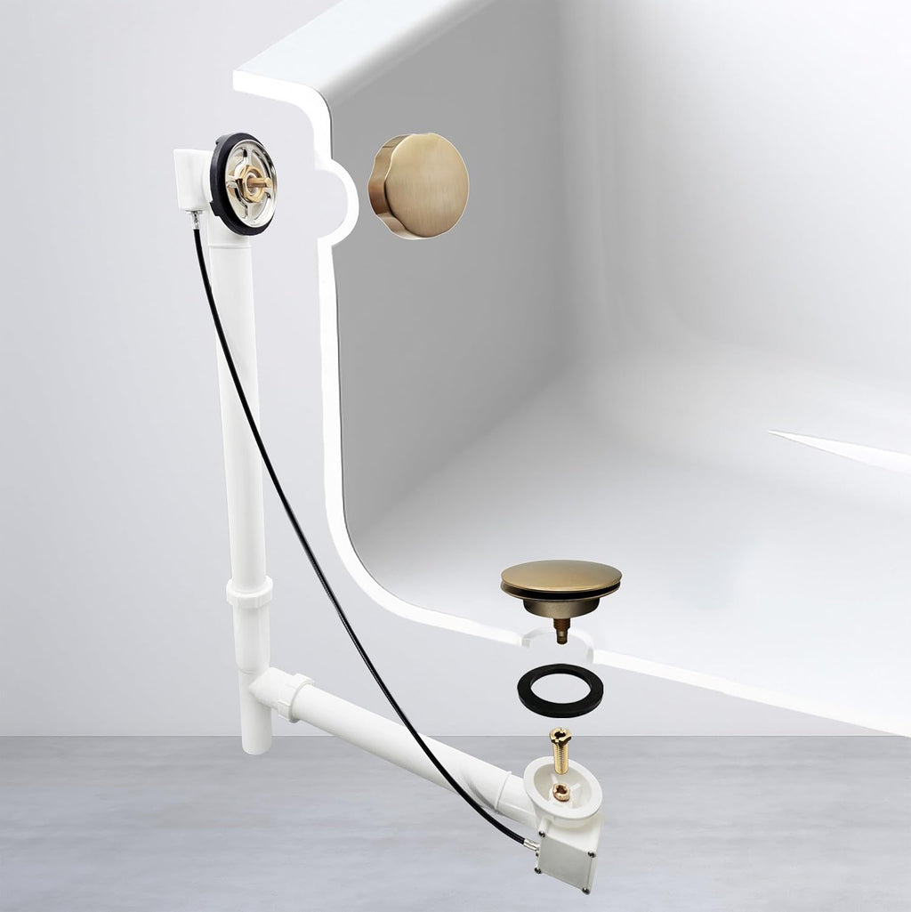 Westbrass A50P35TLE-19 35' Cable Drive Bath Drain Trim Kit with Rotary Overflow Cover Knob, European Stopper and Poly Tubular Pipes, Champagne Bronze