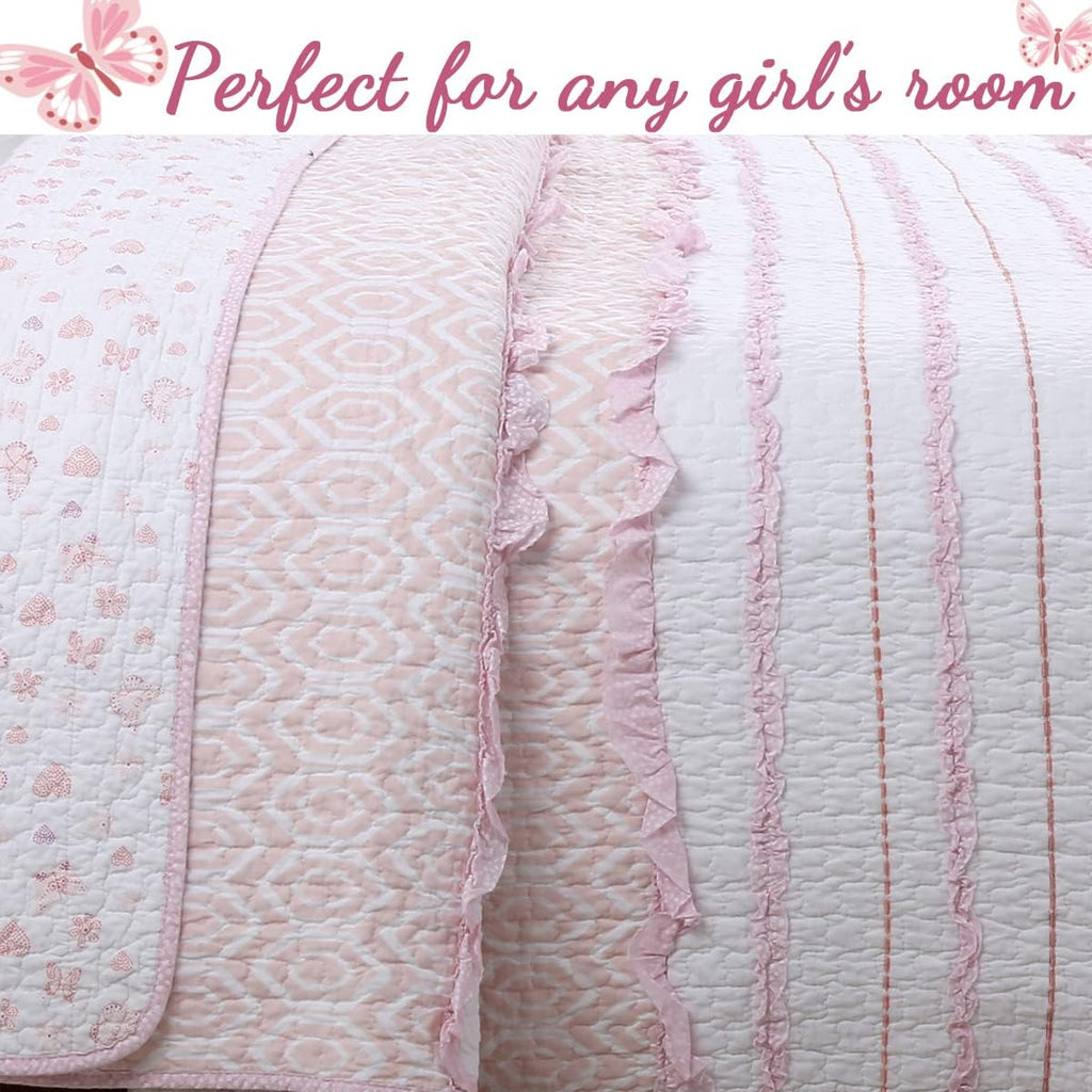 Cozy Line Home Fashions Pretty in Pink Girly Ruffle Stripped 100% Cotton Reversible Quilt Bedding Set, Coverlet, Bedspread (Pink Princess, Queen - 5 Piece: 1 Quilt + 2 Shams + 2 Decor Pillows)