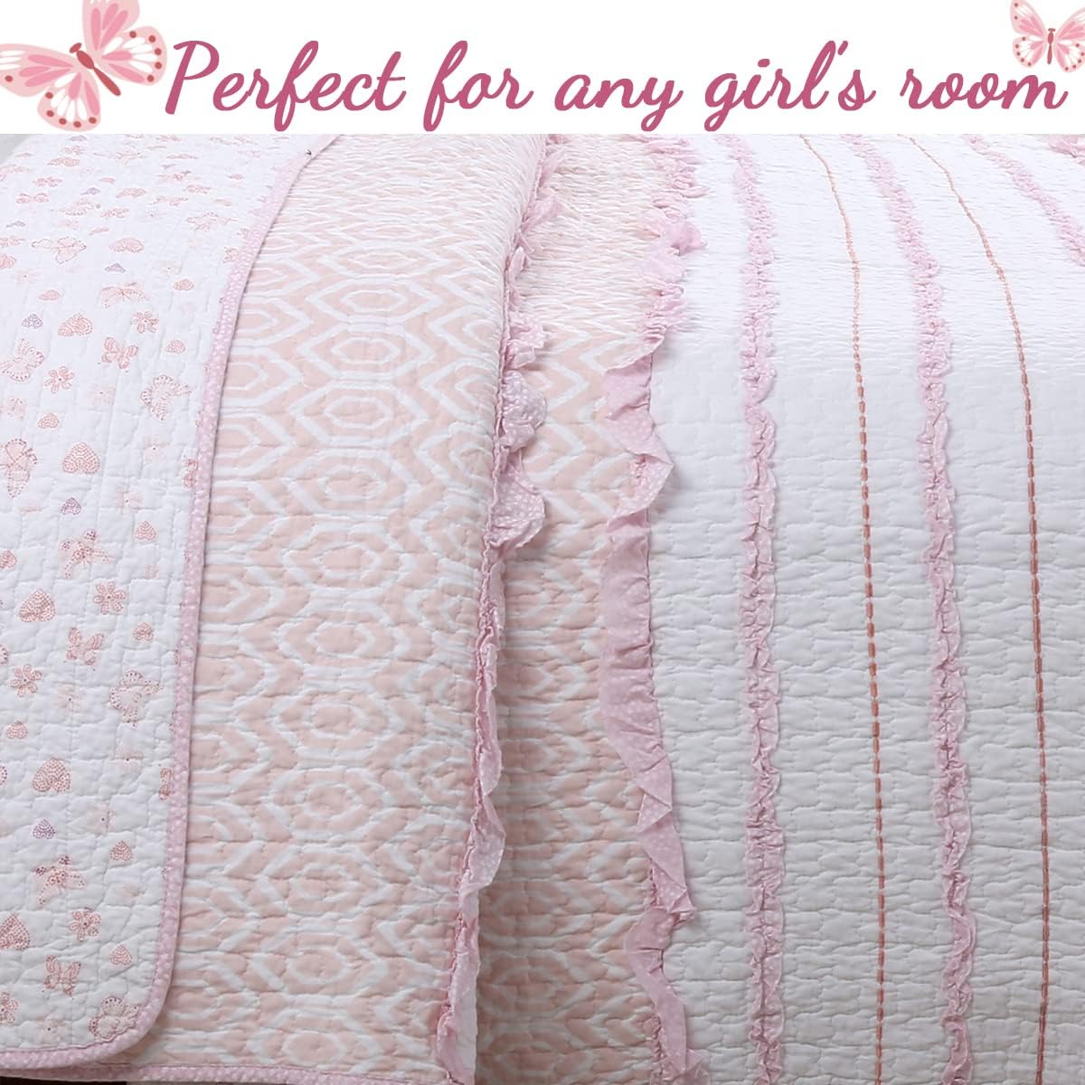 Cozy Line Home Fashions Pretty in Pink Girly Ruffle Stripped 100% Cotton Reversible Quilt Bedding Set, Coverlet, Bedspread (Pink Princess, Twin - 4 Piece: 1 Quilt + 1 Sham + 2 Decor Pillows)
