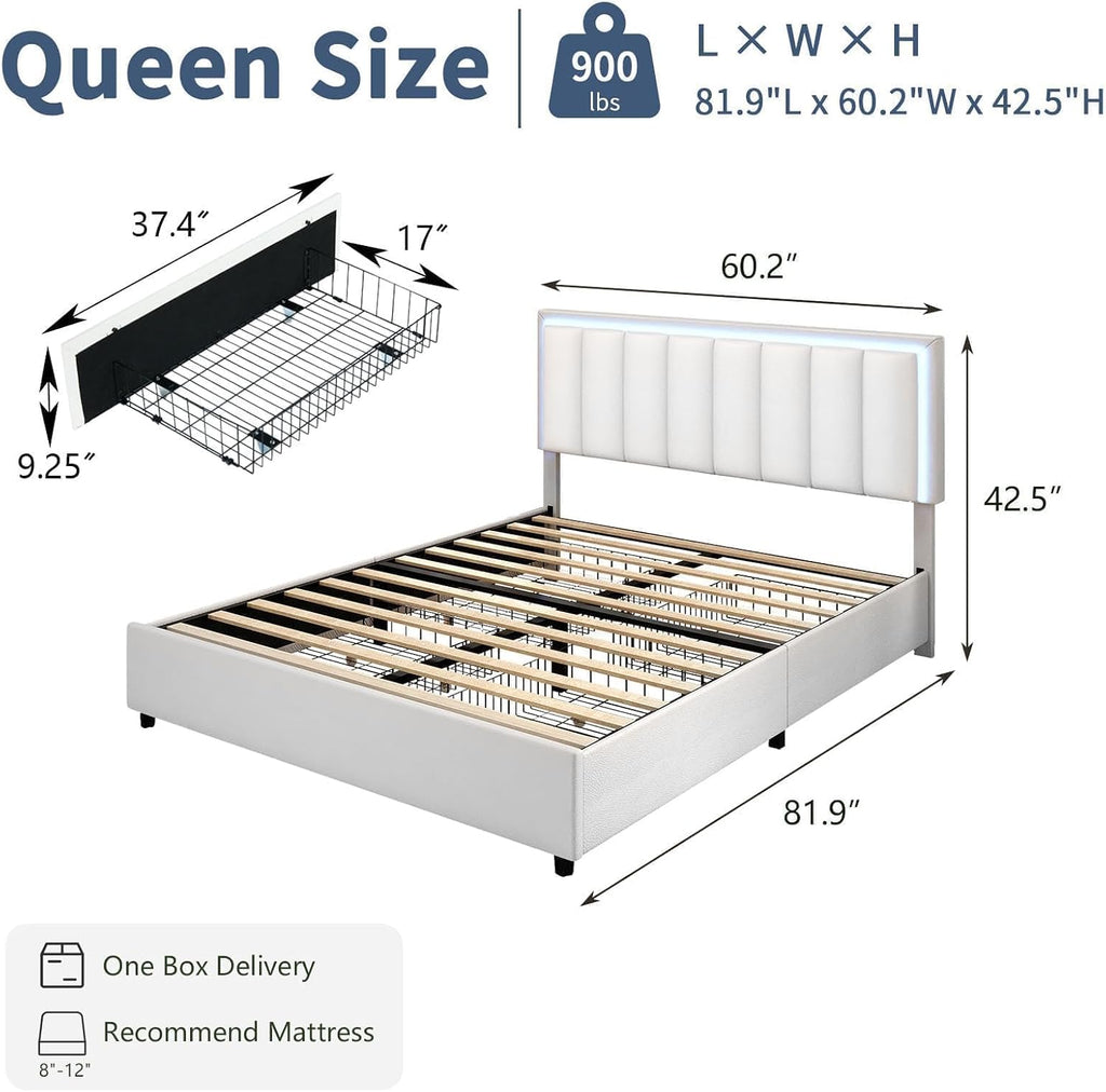 IMMERSTABLE Queen Size Bed Frame with Headboard and 4 Storage Drawers, Faux Leather Upholstered Platform Bed with LED Lights, Metal and Wood Slats, No Box Spring Needed, Easy Assembly, White