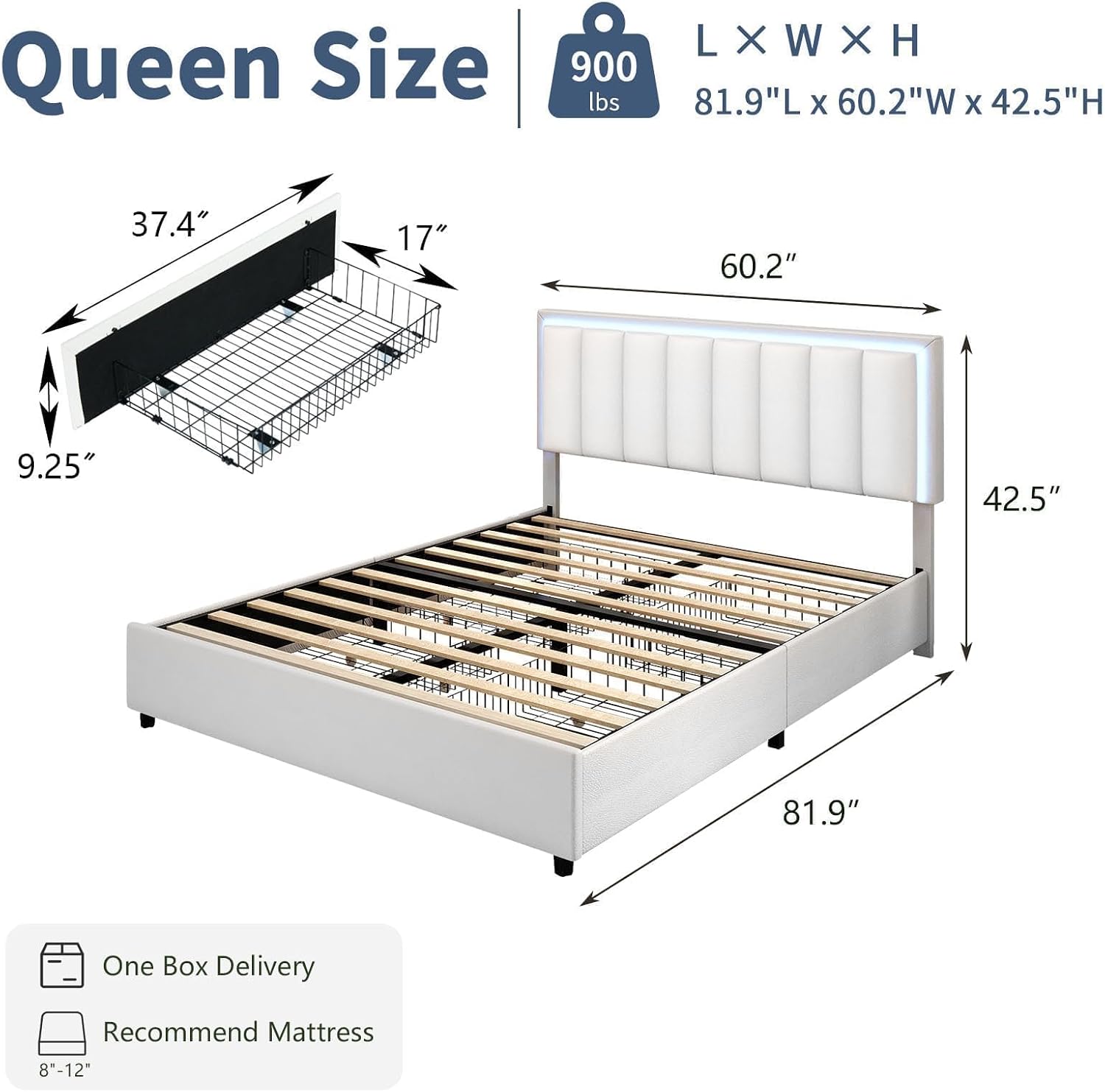 IMMERSTABLE Queen Size Bed Frame with Headboard and 4 Storage Drawers, Faux Leather Upholstered Platform Bed with LED Lights, Metal and Wood Slats, No Box Spring Needed, Easy Assembly, White