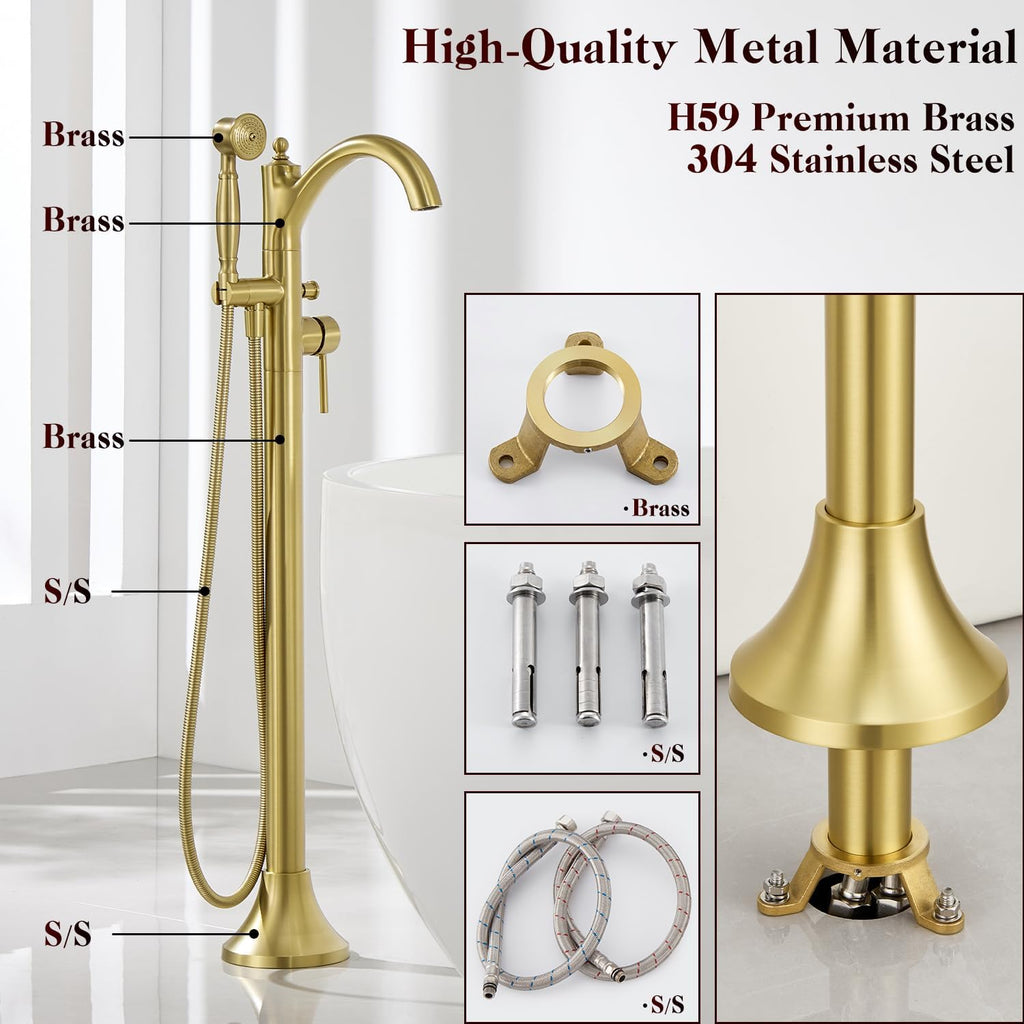 Free Standing Tub Faucet, High Flow Rate Brushed Light Gold Classic Freestanding Tub Faucets with Hand Shower Brass Floor Mount Tub Filler （WT-9002BGZZ）