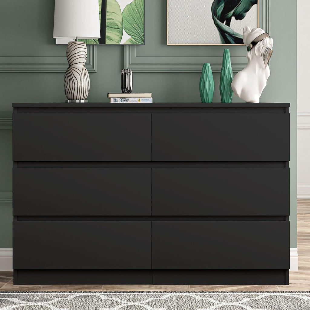 Vibe & Dine 6 Drawer Double Dresser, Modern Chest of Drawers with Wide Storage for Closet, Bedroom, Living Room, Black