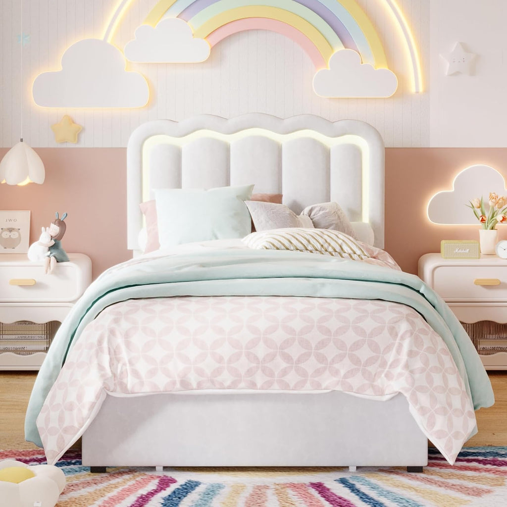 SHA CERLIN Upholstered Twin Size Bed Frame with LED Lights and Large Storage Drawer, Velvet Platform Bed with Adjustable Wavy Headboard, Noise Free, Easy Assembly, No Box Spring Needed, Soft White